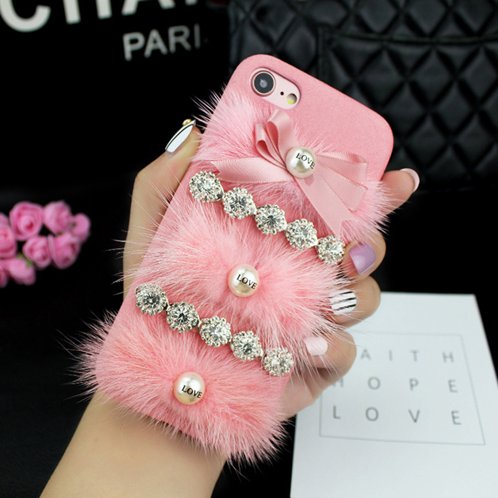 Wholesale iPhone 7 Love Jewel Fur Fuzzy Plush Case Hot Pink